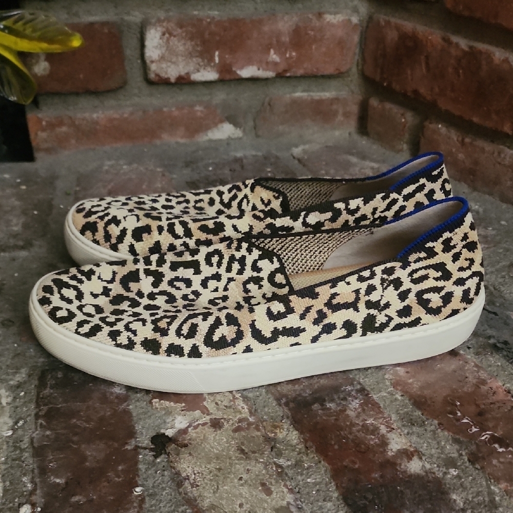 Rothy’s Leopard Print Knit Slip-On Sneakers Beige Black Comfort Flats Size 10